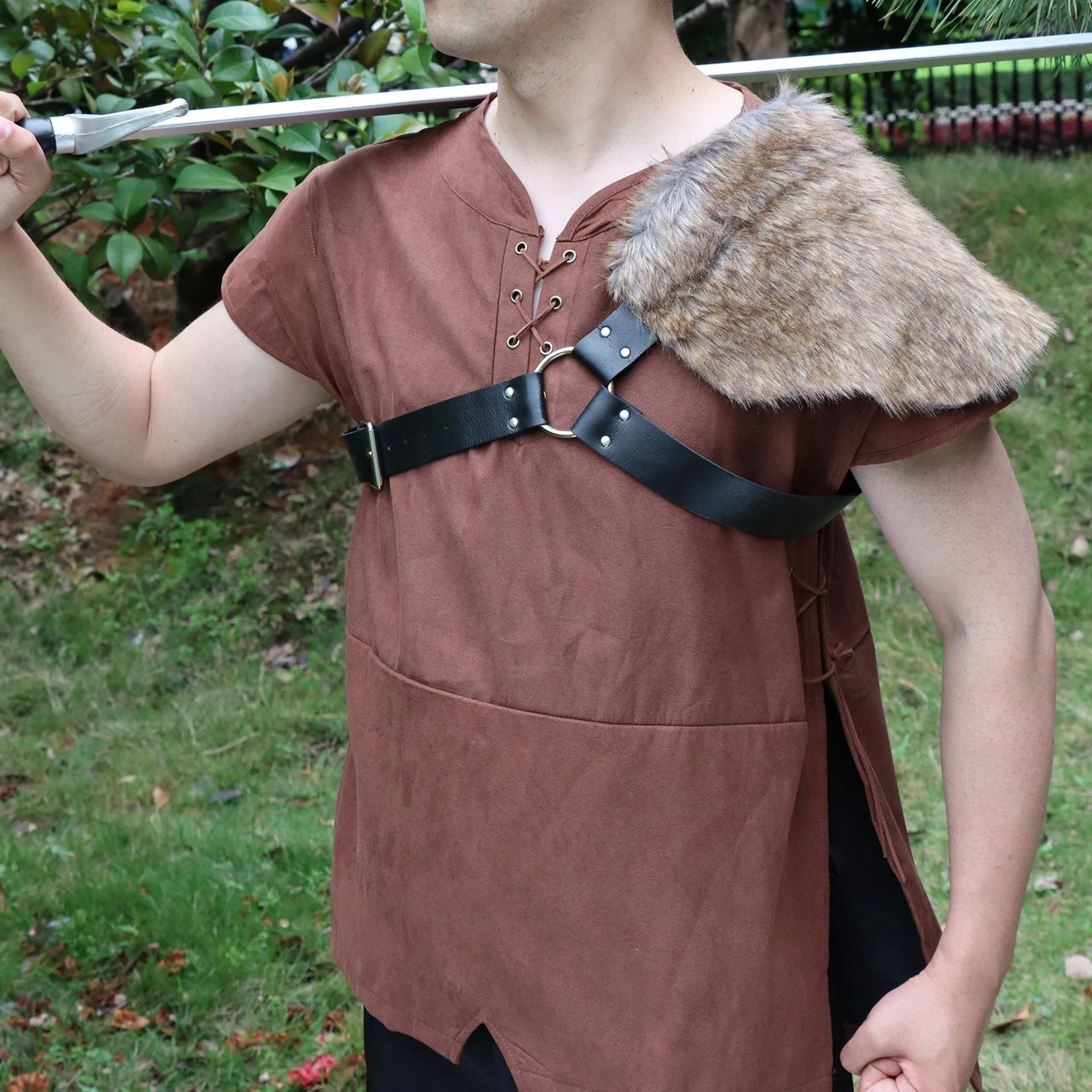 Men's asymmetrical shoulder harness with faux fur shoulder cape and adjustable leather straps Chichicherry