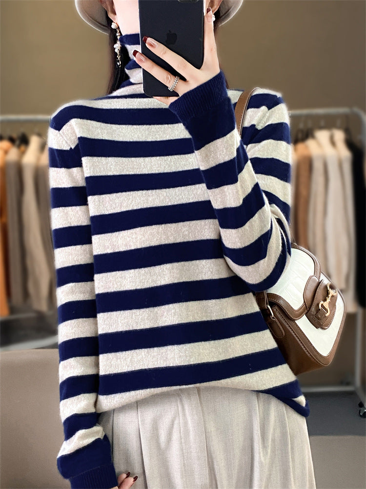 Women Casual Striped Turtleneck Sweater made of Wool Blend with Relaxed Fit Chichicherry