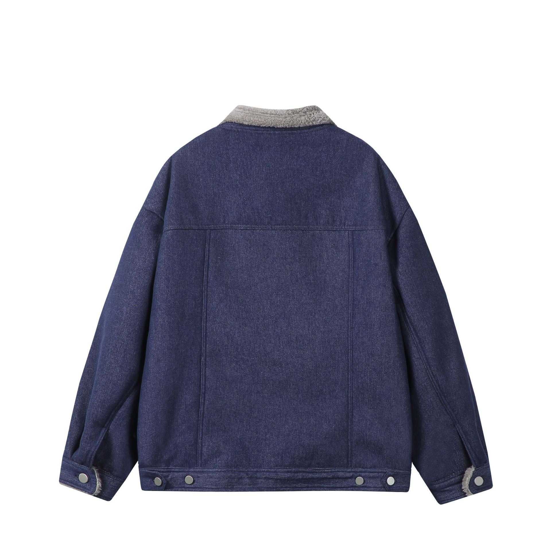 Men's Lined Denim Jacket with Teddy Collar, Snap Front and Utility Pockets Chichicherry