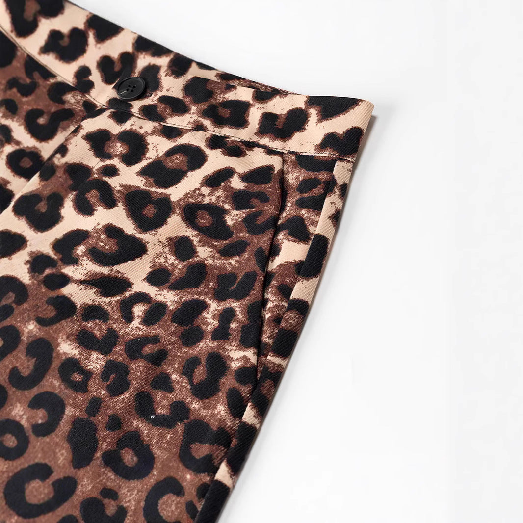 Ladies Wide High-Waist Palazzo Pants with Leopard Print and Flowing Fall Chichicherry