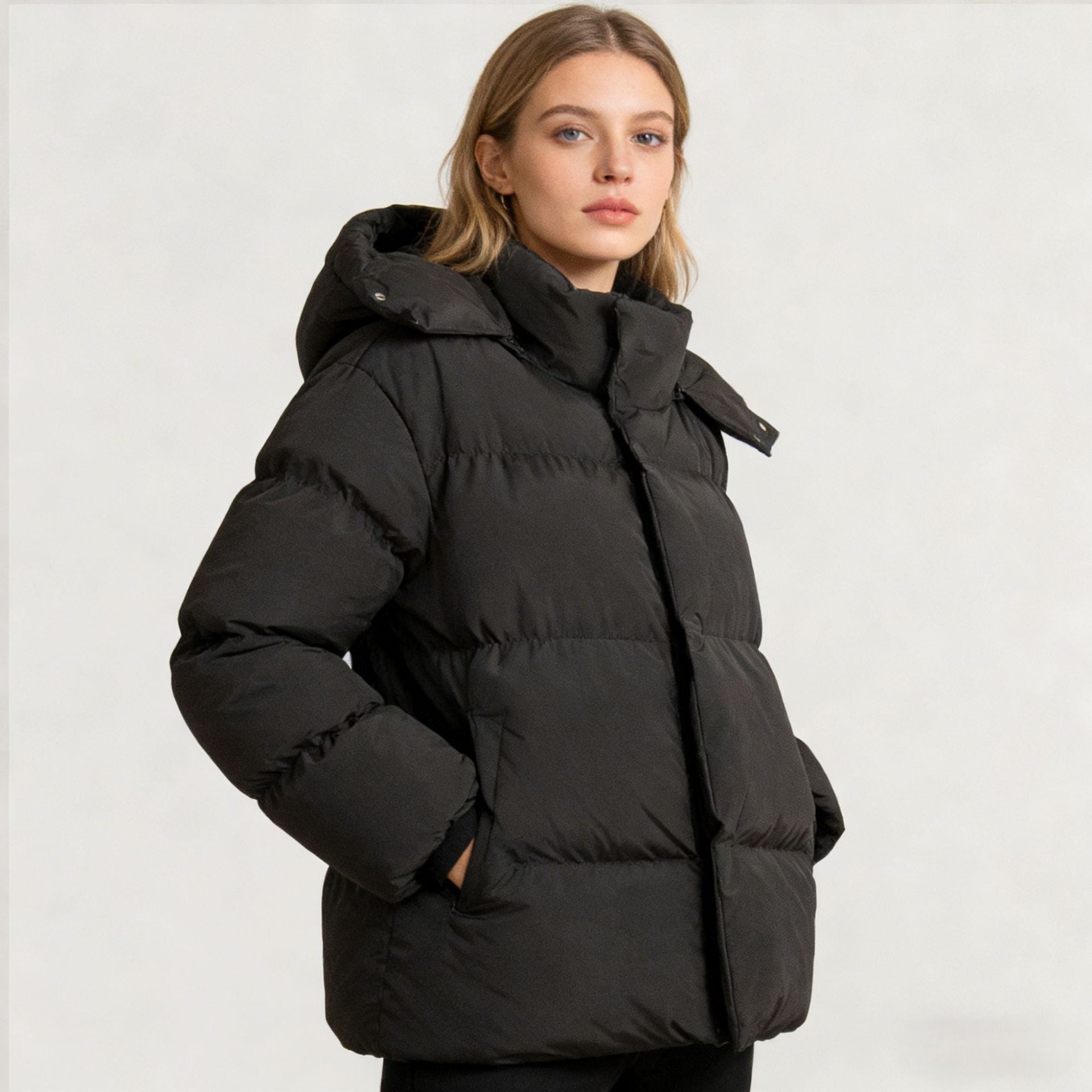 Women's Padded Oversized Quilted Jacket with Hood and High Stand Collar Chichicherry