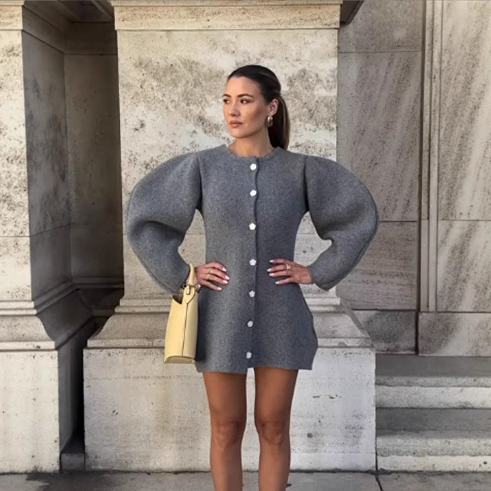 Women's knitted mini dress cardigan with voluminous balloon sleeves and decorative button placket Chichicherry