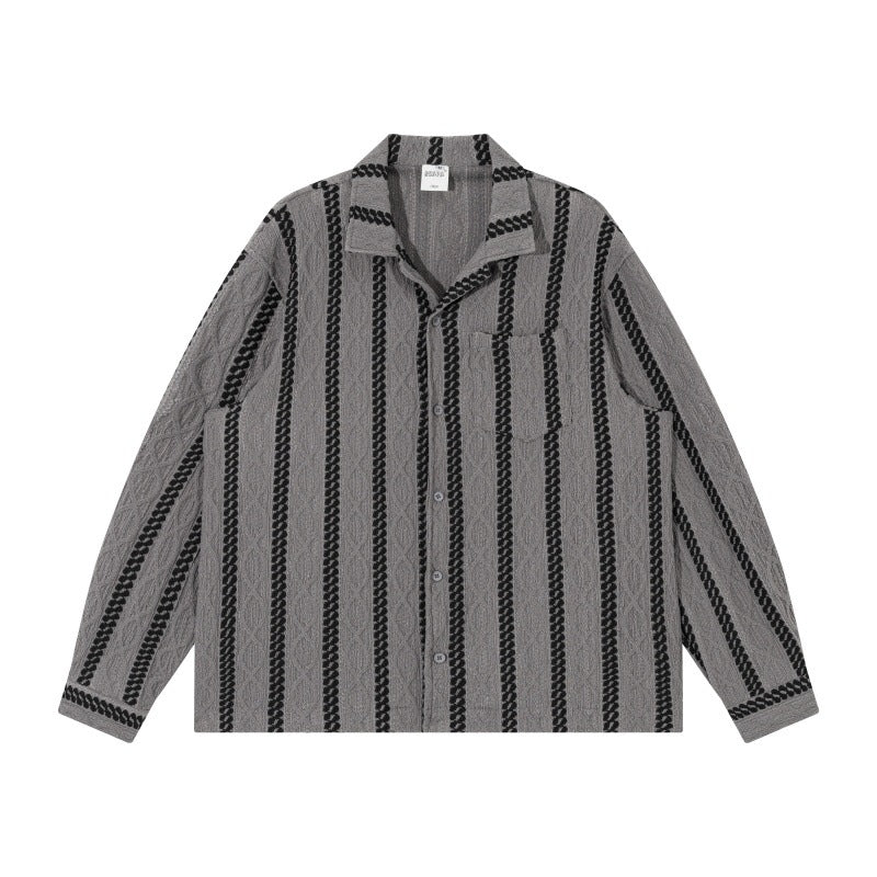 Unisex Lightweight Shirt Jacket with Camp Collar, Relaxed Fit and Vertical Braid Stripe Pattern Chichicherry