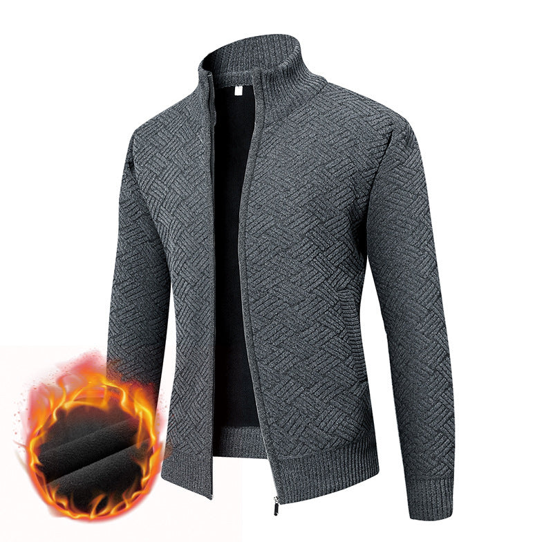 Men's Thermal Knit Jacket with Full Zip, Lined Stand-Up Collar and Geometric Structure Pattern Chichicherry