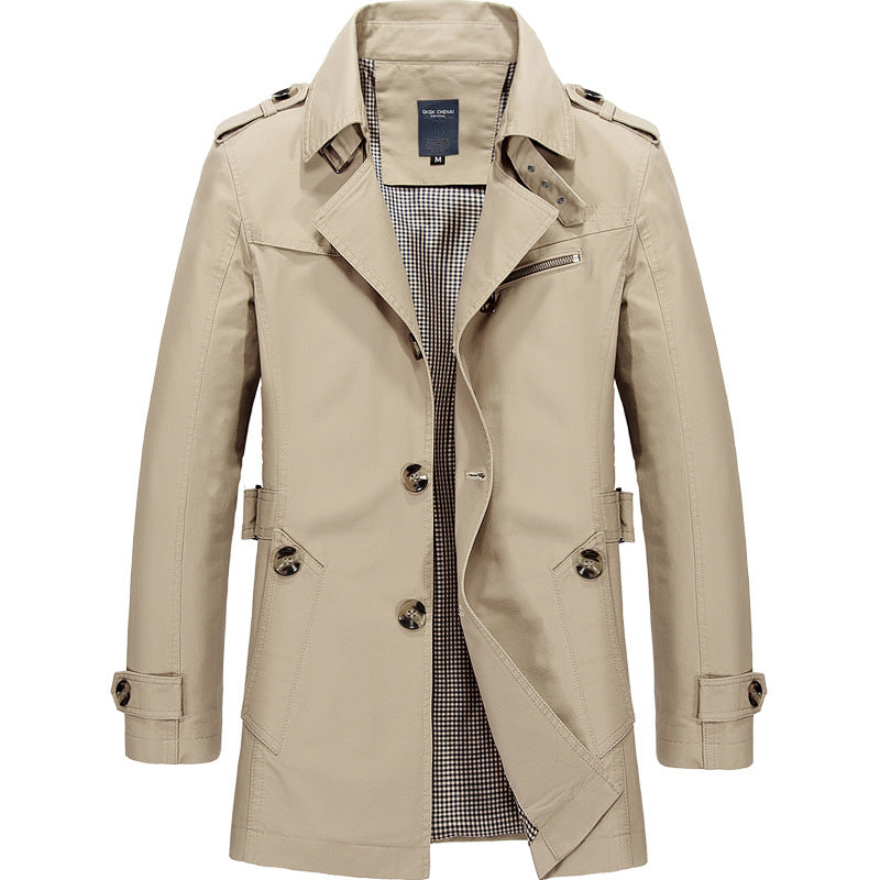 Men's Short Double-Breasted Trench Coat with Lapel Collar, Epaulets and Checked Lining Chichicherry
