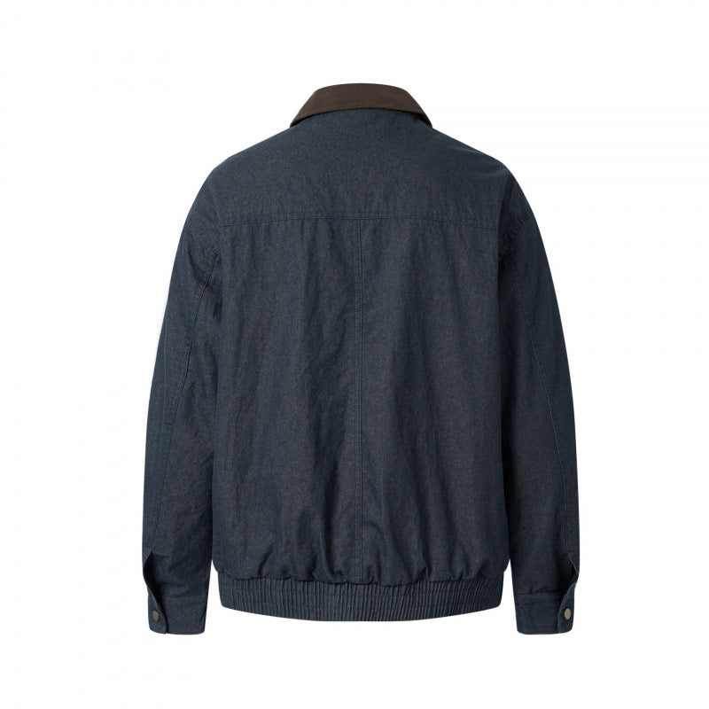 Men's short canvas jacket with corduroy collar, chest zipper, and elastic hem Chichicherry