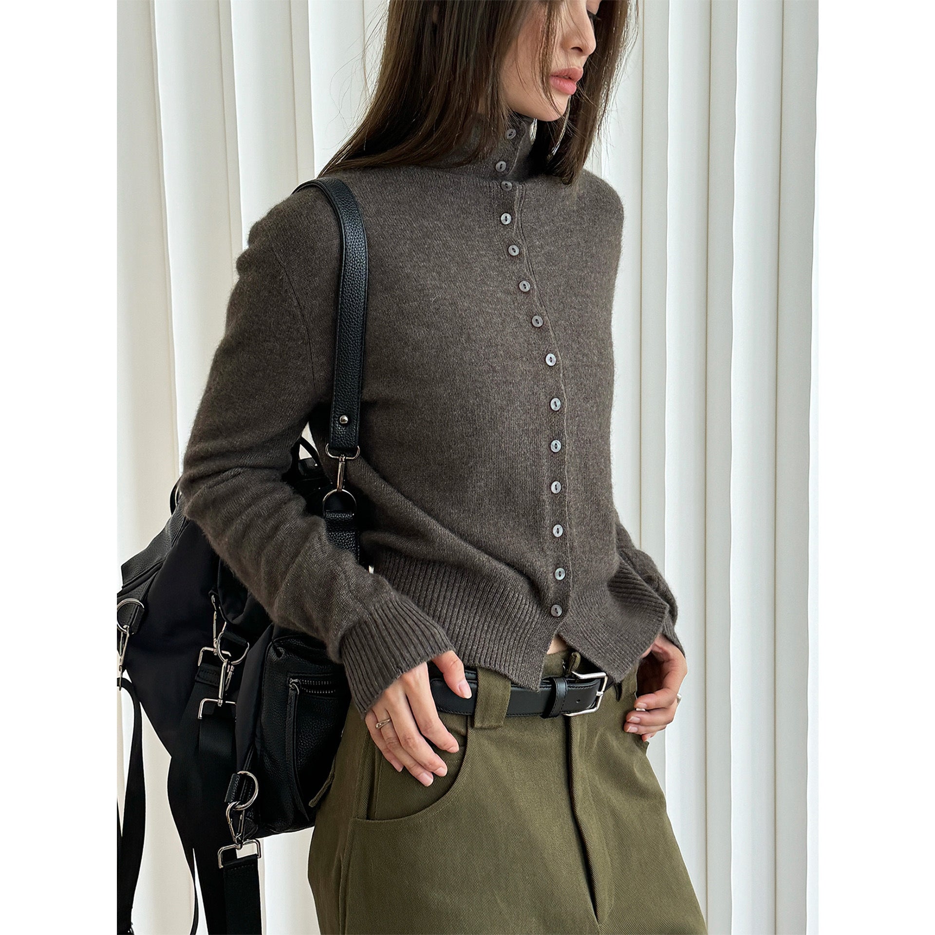 Women's Fluffy Button Cardigan with High Stand-Up Collar and Ribbed Hem Chichicherry