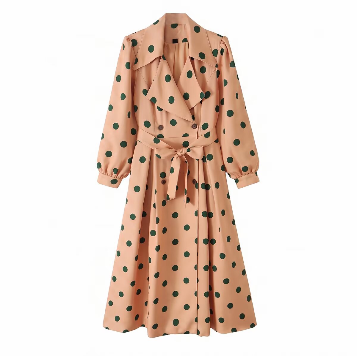 Women's Long Double-Breasted Trench Coat with Ruffle Collar, Balloon Sleeves and Waist Belt Chichicherry