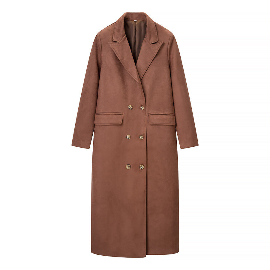 Women Double-breasted Wool-look Maxi Coat with Lapel Collar and Flap Pockets Chichicherry