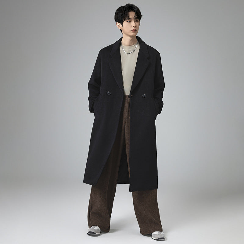 Men's Maxi-Length Wool Blend Coat with Concealed Button Placket and Draped Shawl Collar Chichicherry