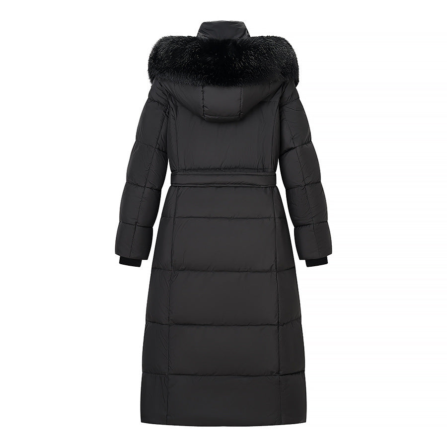 Women's Longer Quilted Down Coat with Hood, Faux Fur Trim and Waist Belt Chichicherry