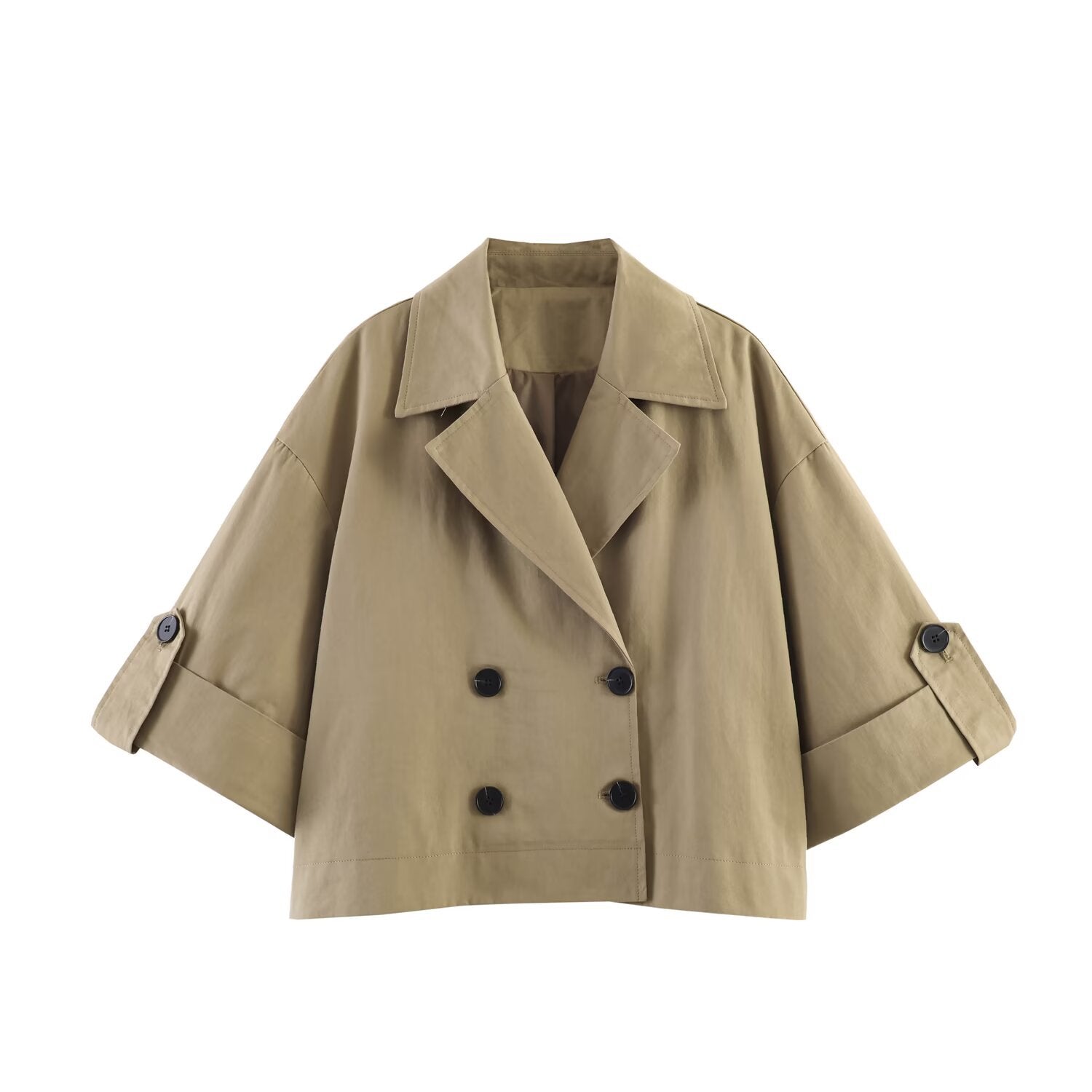 Women Short Cut Cape Trench with Boxy Silhouette and Half-Length Sleeve Straps Chichicherry