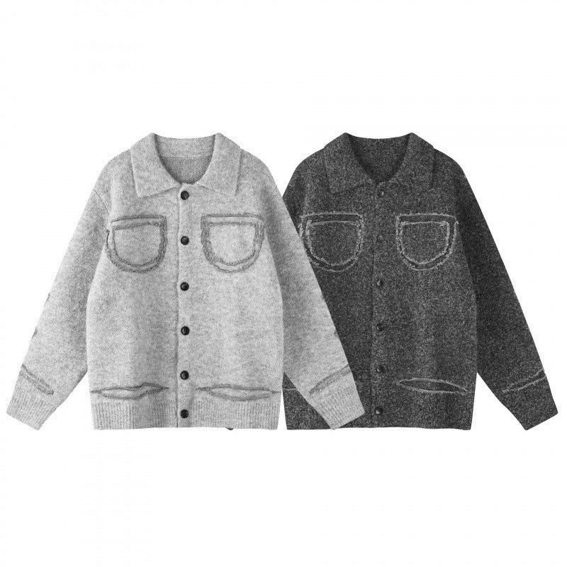 Unisex Oversize Cardigan in Shirt Jacket Look with Collar, Patch Breast Pockets and Fringe Trim Chichicherry