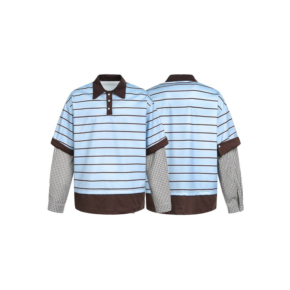 Men's Layered Look Polo with Stripes, Contrast Collar and Checked Insert Sleeves Chichicherry