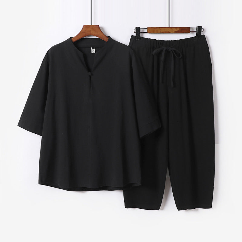 Women Lightweight Linen-Cotton Loungewear Set with Stand Collar, Three-Quarter Sleeves and Elasticated Waist Pants Chichicherry