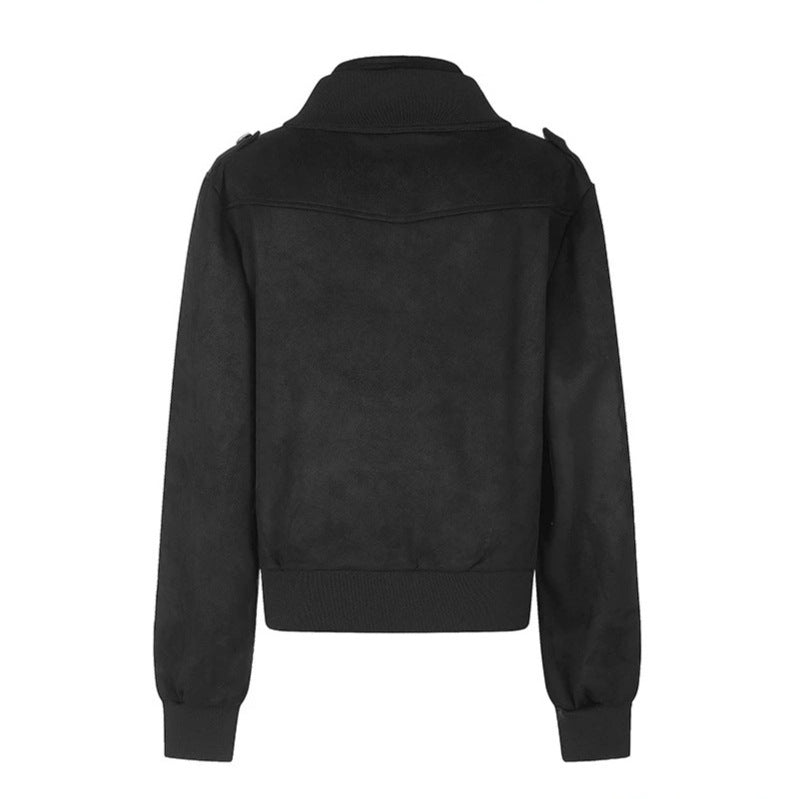 Women's Short Cut Velvet Velours Bomber Jacket with Decorative Buttons and Epaulets Chichicherry