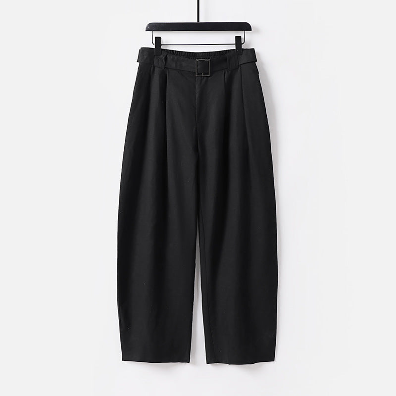 Women High-waisted wide linen blend pants with pleats and fabric belt Chichicherry