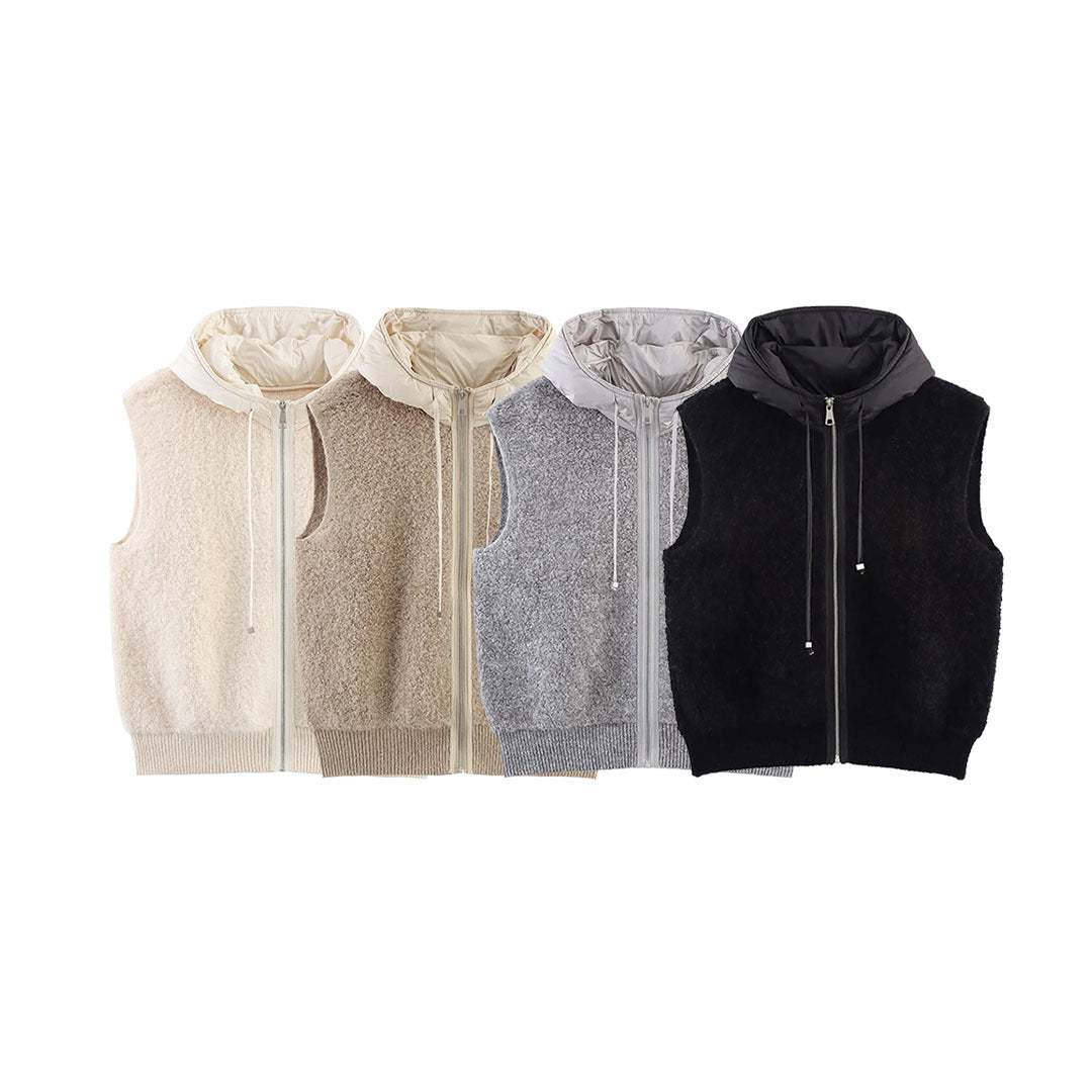 Women's Sleeveless Boucle Vest with Zipper, Padded Hood and Ribbed Hem Chichicherry