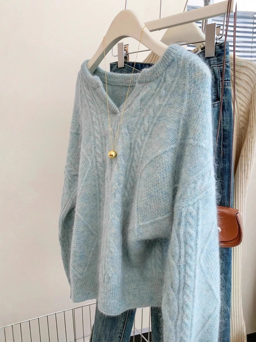 Women Oversize Mohair-Look Cable Knit Sweater with V-Neck and Drop Shoulder Chichicherry