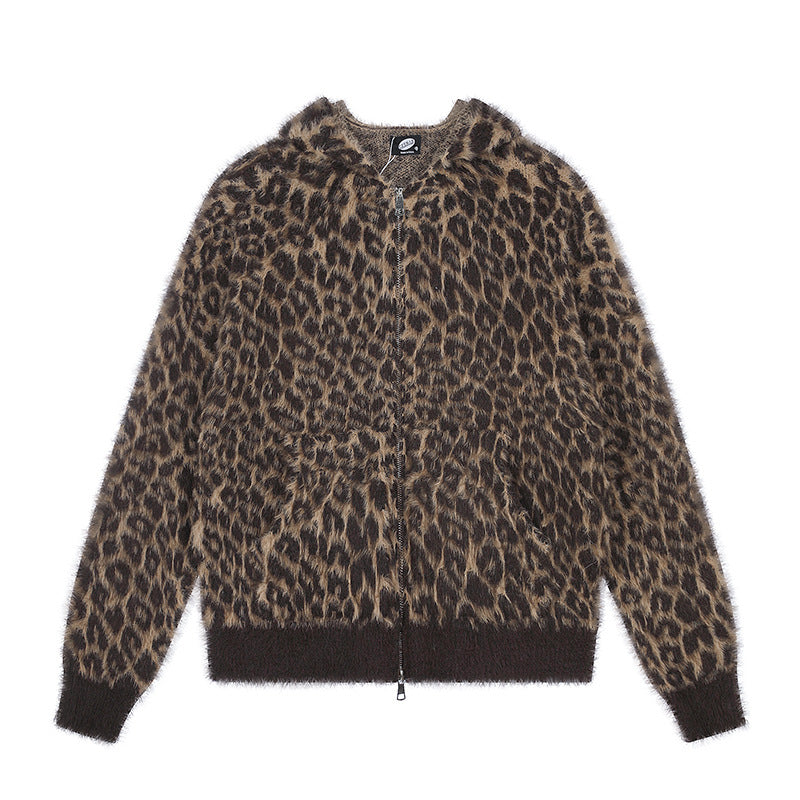 Women's Cozy Cardigan with Zipper and Leopard Jacquard Chichicherry