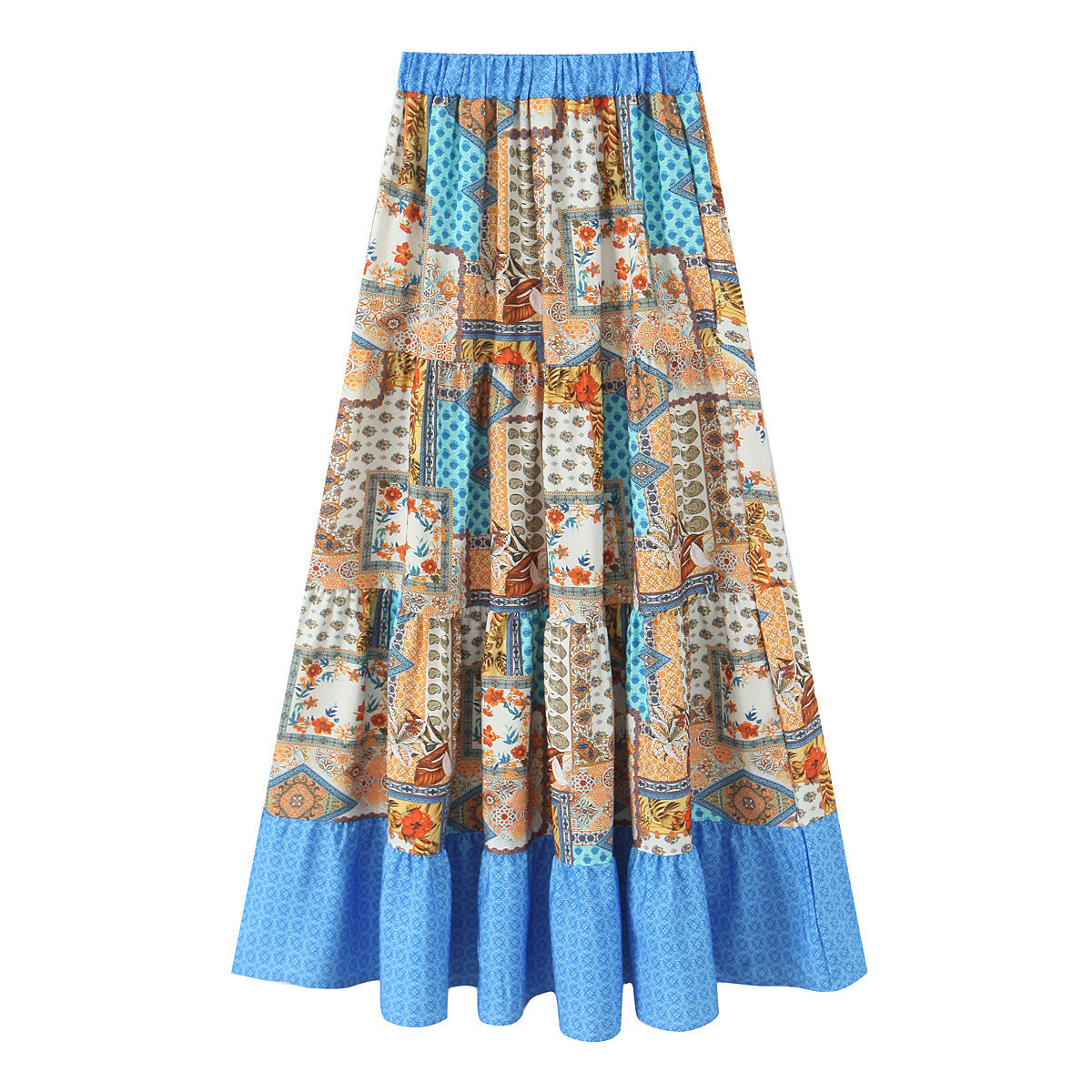 Women's Long Tiered Skirt with Floral Allover Print, Elastic Waistband and Ruffled Panels Chichicherry