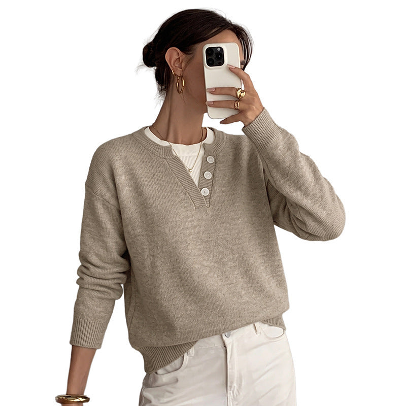 Women Lightweight Henley Knit Sweater with Button Placket, Ribbed Cuffs and Relaxed Fit Chichicherry