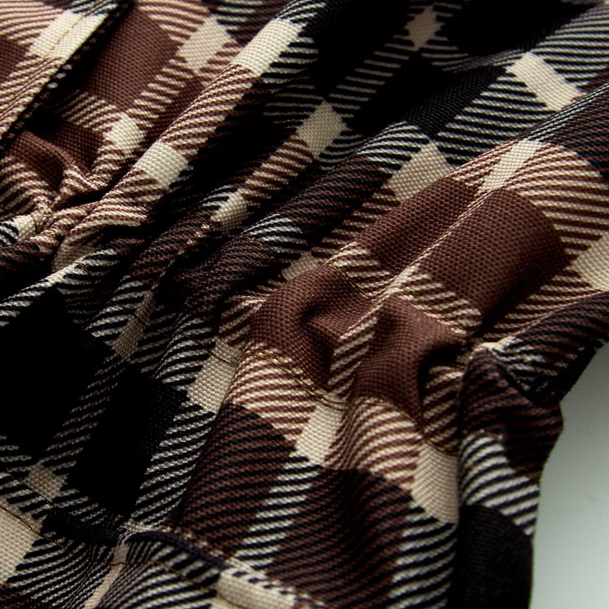 Women Checked Jacket with Faux Leather Collar, Drawstring Waist and Flap Pockets Chichicherry