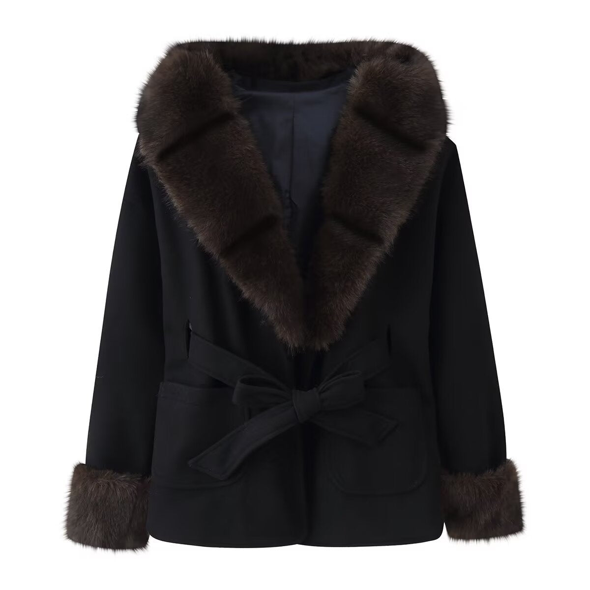 Women's Short Wool Blend Coat with Faux Fur Collar, Waist Belt and Patch Pockets Chichicherry