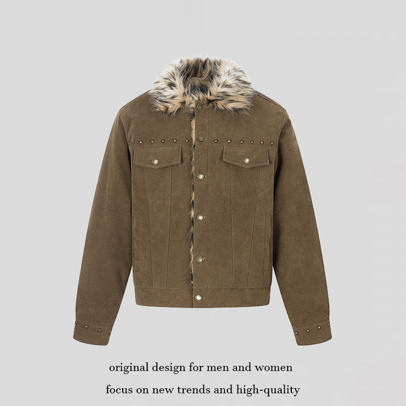 Men's suede trucker jacket with faux fur collar, stud embellishments and snap button closure Chichicherry