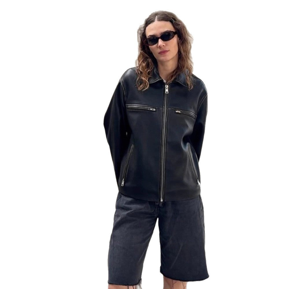 Women Boxy Faux Leather Jacket with Double Zipper and Chest Zippers Chichicherry