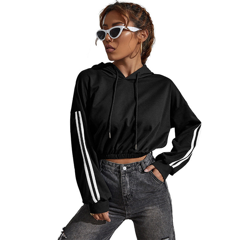 Women's short-cut hooded crop sweatshirt with drawstring, elastic hem, and contrast stripes Chichicherry