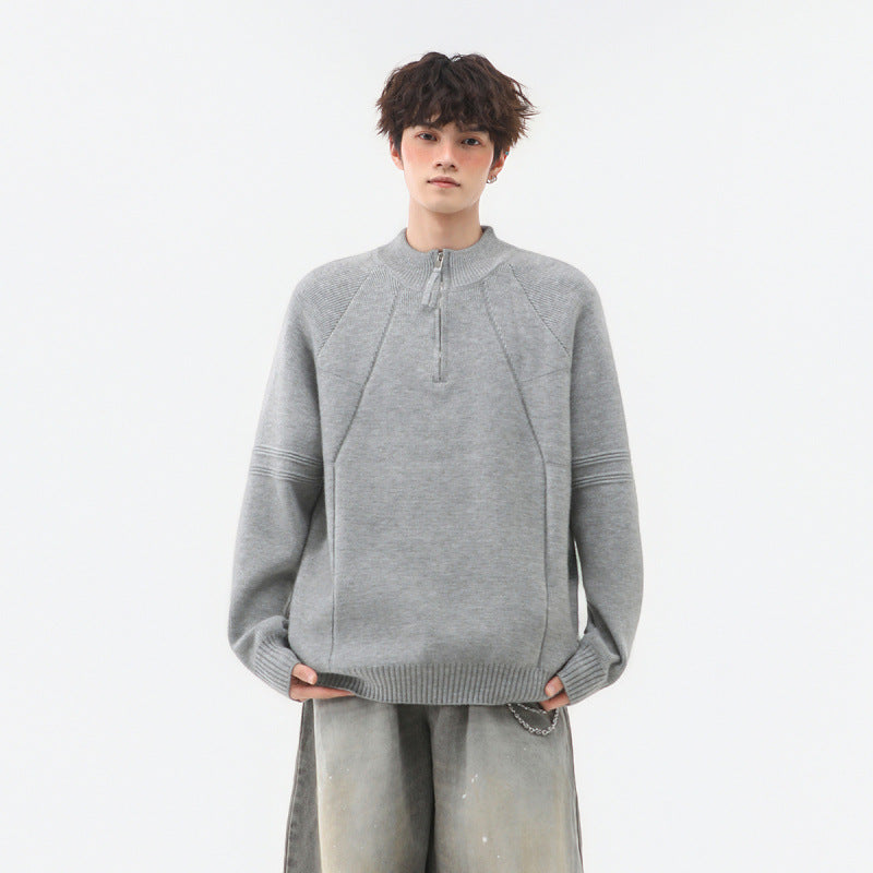 Herren Strick-Halbzip-Pullover mit Stehkragen und strukturierten Rippdetails Chichicherry