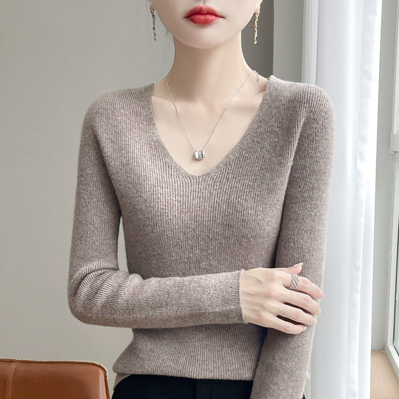 Women’s slim fit V-neck fine-knit pullover with fine ribbed texture and soft feel Chichicherry