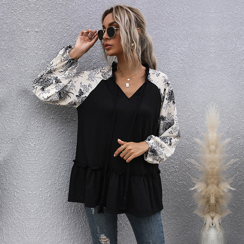 Women's Casual V-Neck Tunic Blouse with Ruffle Hem, Floral Raglan Sleeves and Drawstring