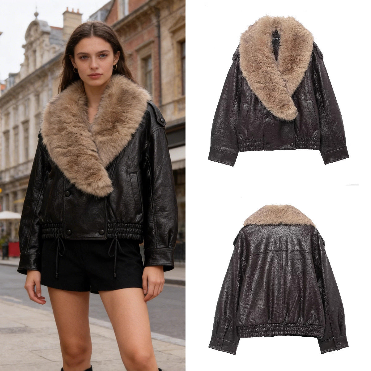 Women short-cut leather imitation bomber jacket with voluminous fur collar Chichicherry