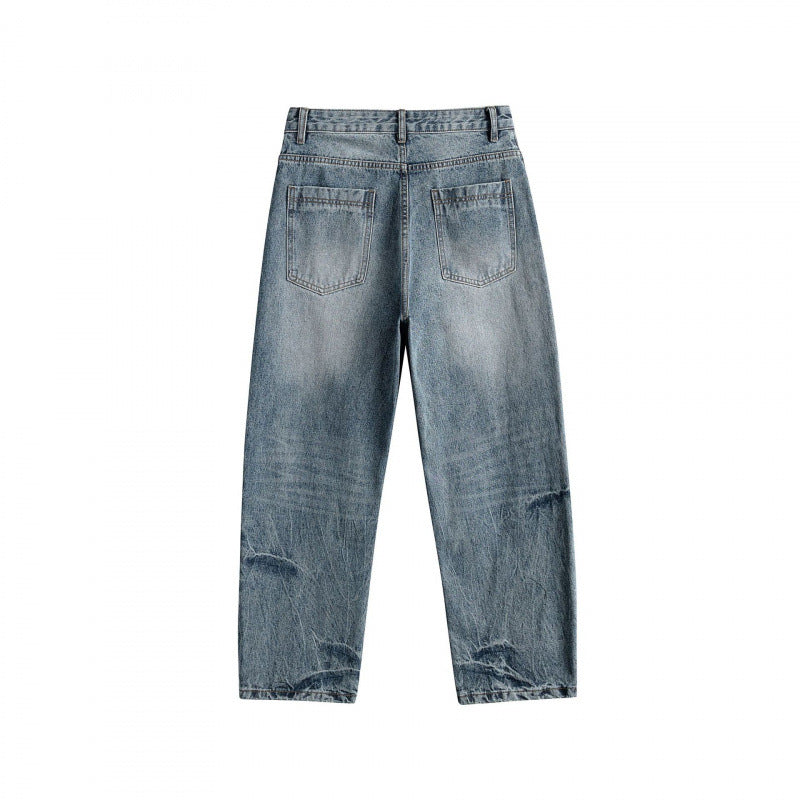 Women's Loose High-Waist Straight-Leg Vintage Jeans with Used Wash and Subtle Distressed Details Chichicherry