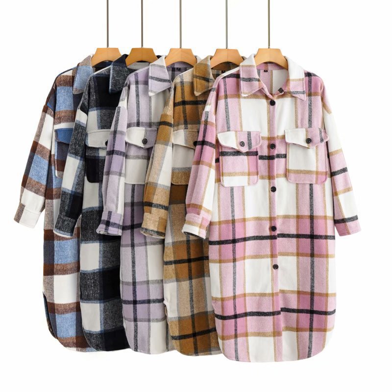 Women's Longline Check Shirt Jacket with Patch Pockets Chichicherry
