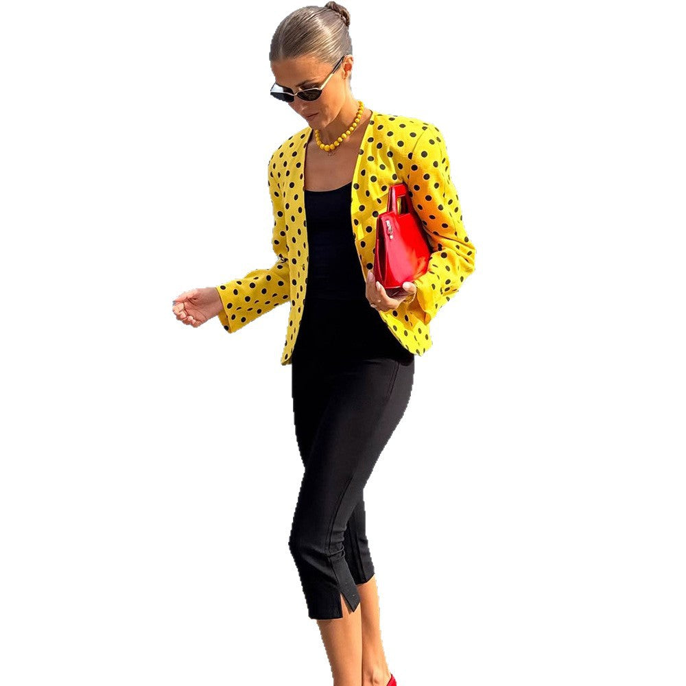 Women’s short blazer in vintage dot pattern, boxy cut & lightweight linen mix Chichicherry