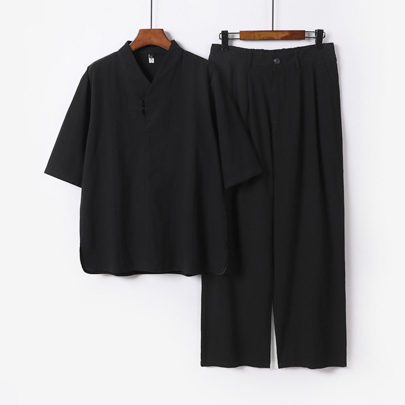 Men's Two-Piece Lightweight Kimono Loungewear Set with Stand Collar Tie Closure Short Sleeve and Wide Leg Pants Chichicherry