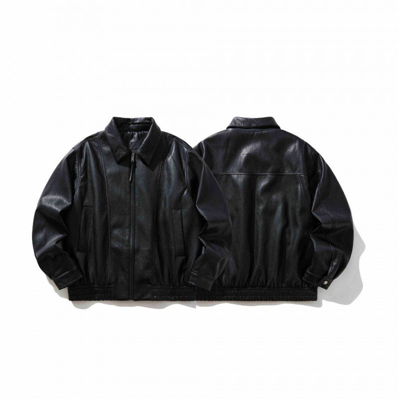 Men's Short-Cut Faux Leather Bomber Jacket with Shirt Collar, Full Zipper and Elastic Hem Chichicherry