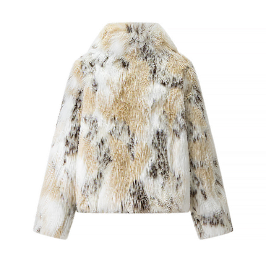 Women's short faux fur jacket in patchwork look with high stand-up collar Chichicherry