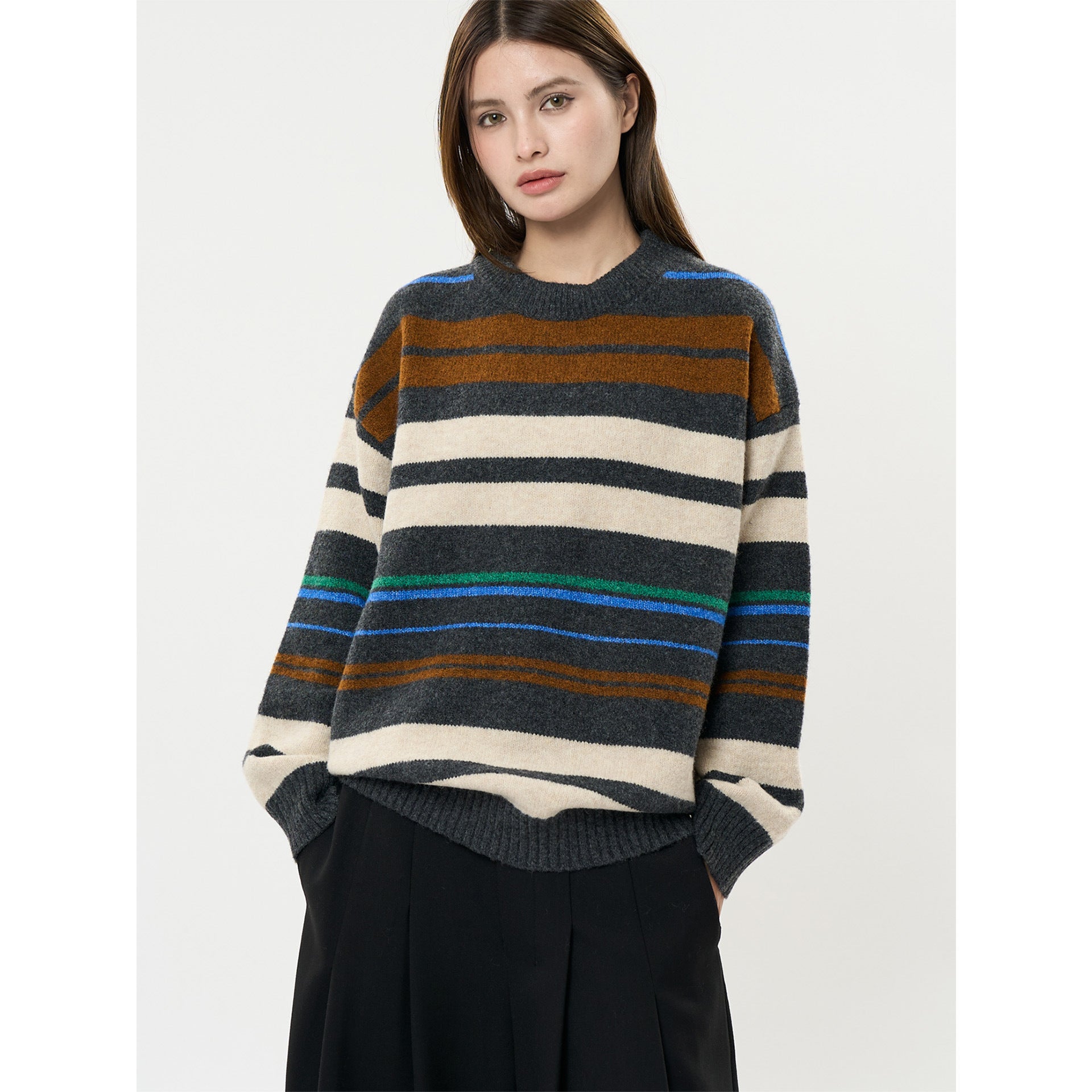 Women's Oversized Knit Sweater in Breton Stripe Look made of Wool Blend with Ribbed Hem Chichicherry