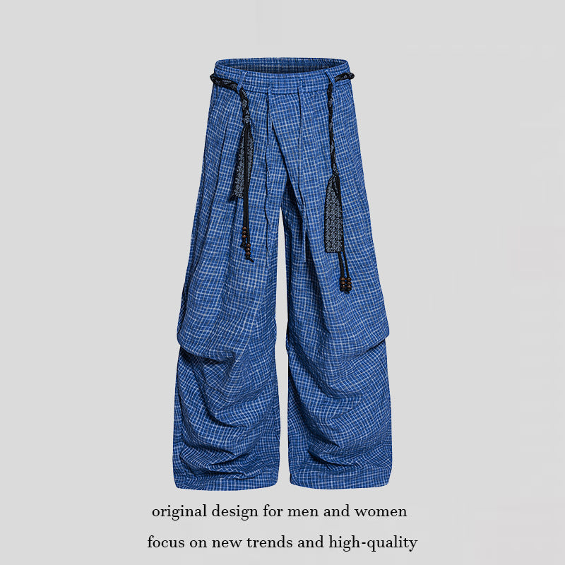 Women's wide palazzo pants with layered pleats, high waistband, and decorative cord belt Chichicherry