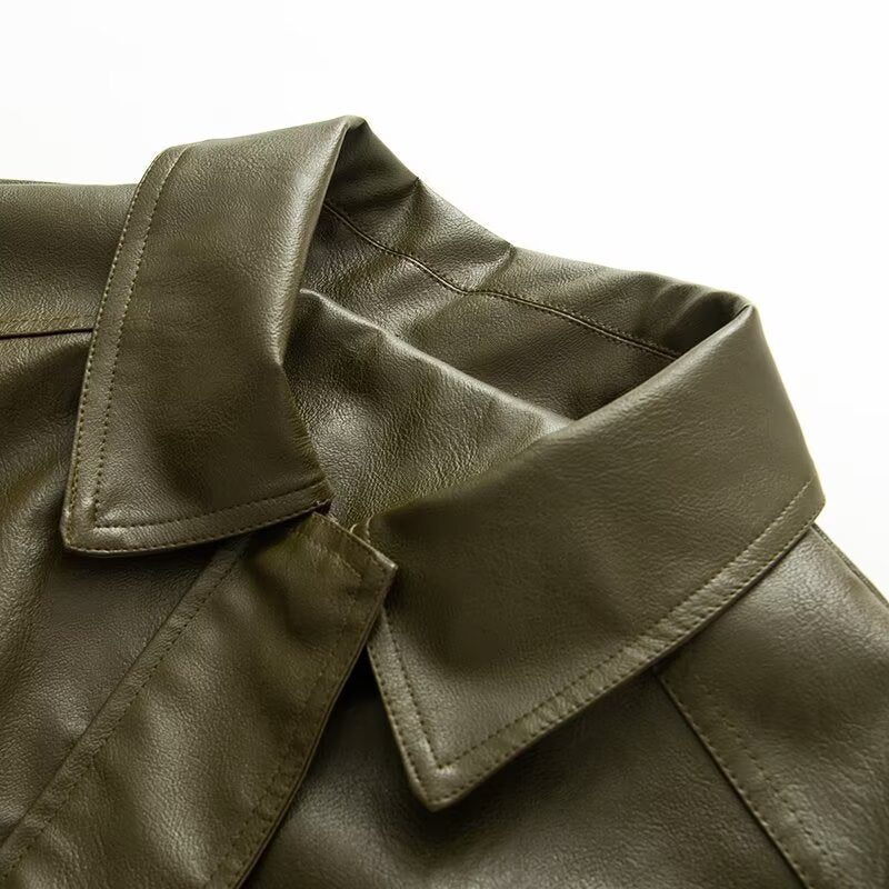 Women's Oversize Faux Leather Blouson with Elastic Hem, Slanted Zipper Chest Pocket and Zipper Sleeves Chichicherry