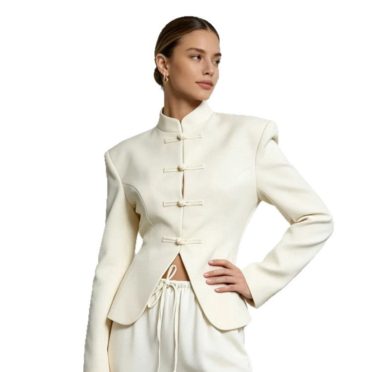 Women's Sculpted Blazer with Stand Collar, Decorative Knot Closures and Tailored Silhouette Chichicherry