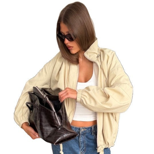 Women's Oversize Windbreaker with high stand-up collar, drawstring shoulder yoke, and balloon sleeves Chichicherry