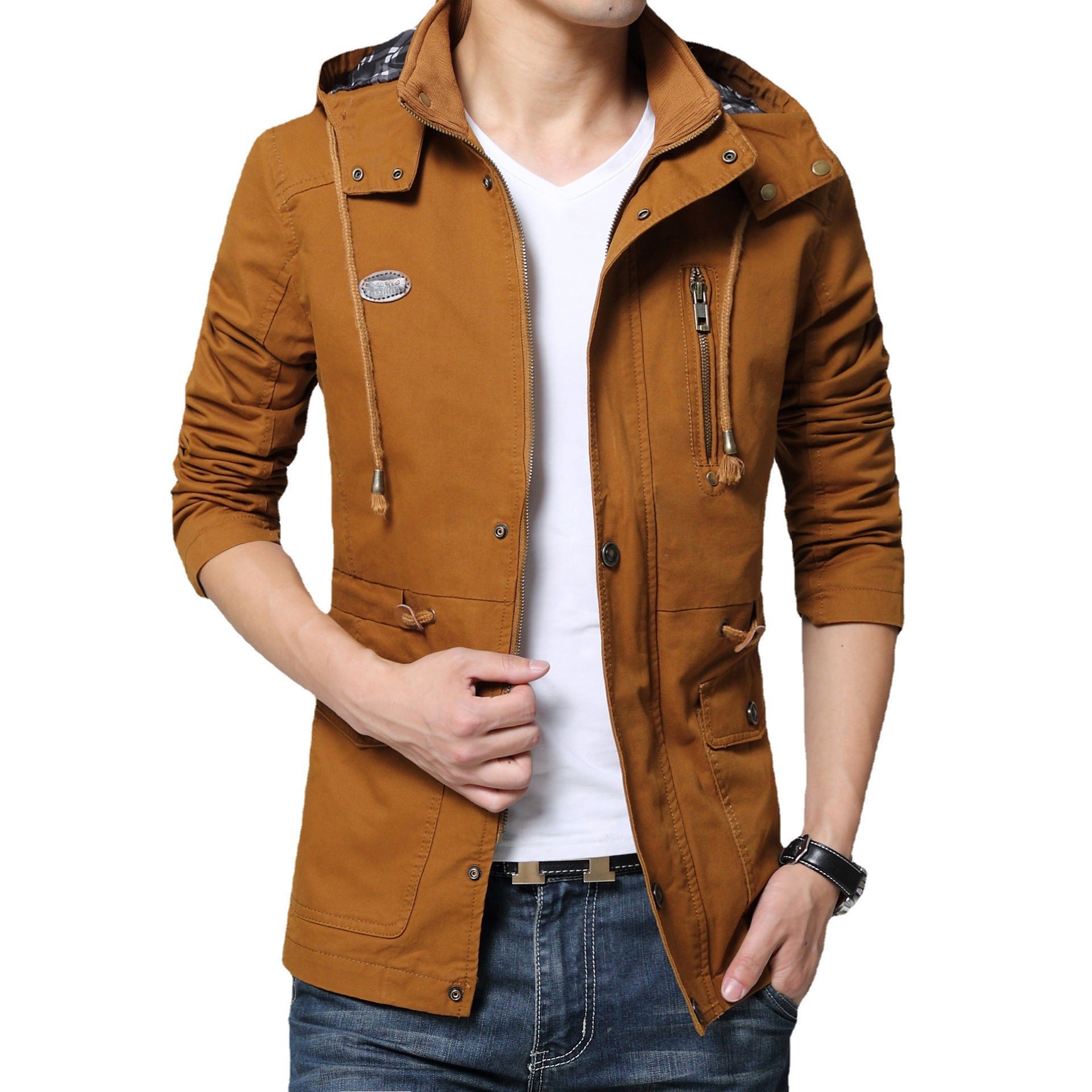 Men's lightweight cotton military parka with hood, drawstring waist, and concealed zipper Chichicherry