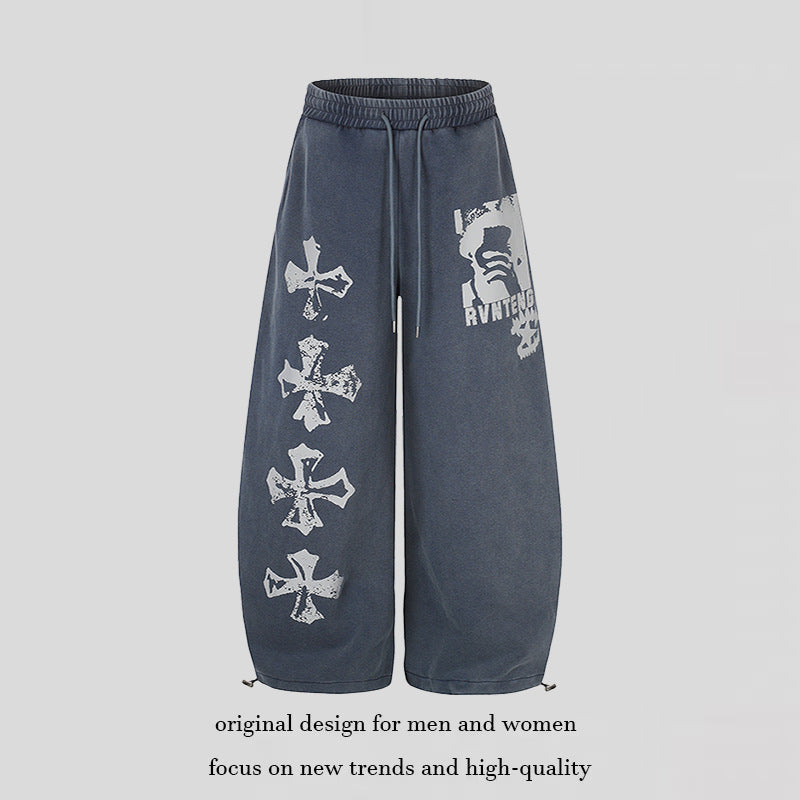 Women's Extra Wide Palazzo Sweatpants with Drawstring Waist, Adjustable Hem, and Gothic Print Chichicherry