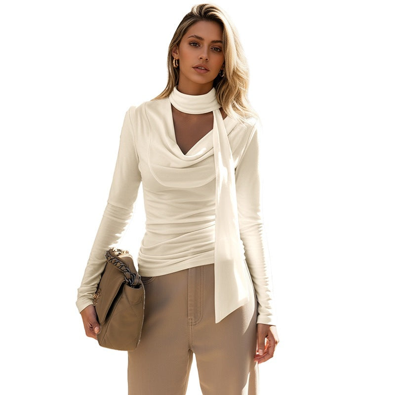 Ladies fitted wrap top with waterfall collar and choker detail