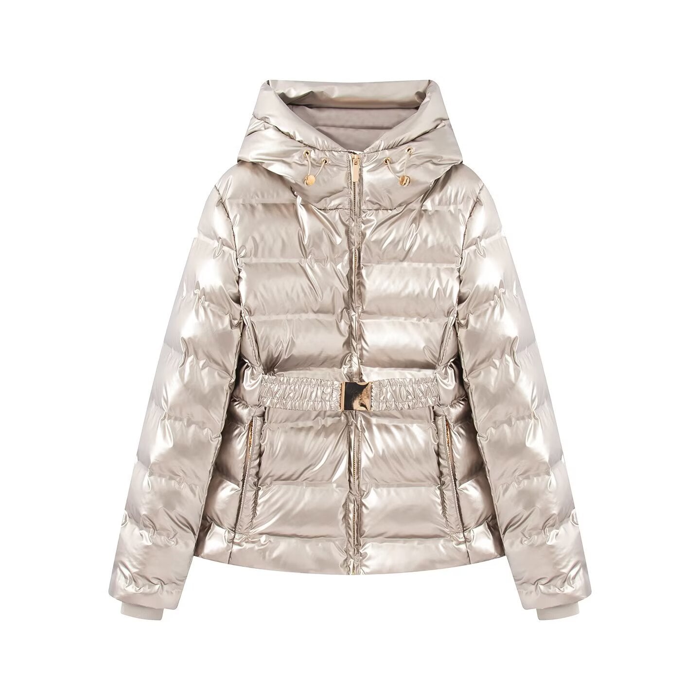 Women short cut quilted jacket with hood, fitted elastic waistband and decorative belt Chichicherry